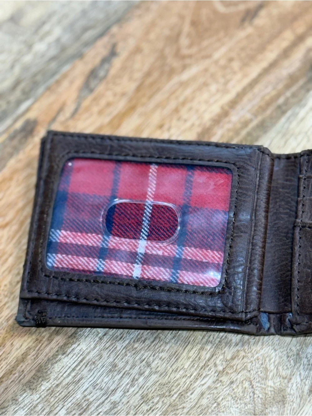 Distressed Levi’s Men’s Brown Bifold Wallet Plaid Interior